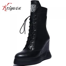 2015 winter high heels wedges women fashion less genuine leather motorcycle boots platform lace up pointed toe mid calf boots