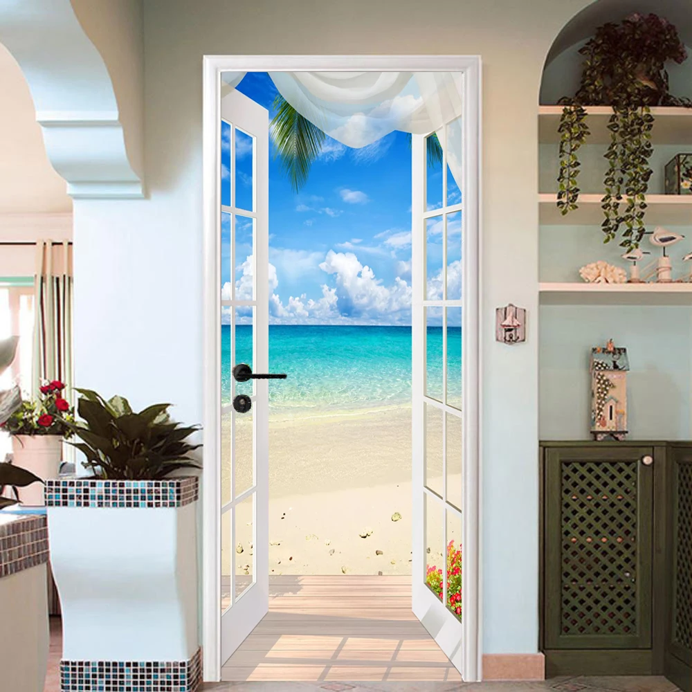 3d sticker window beach seaside photo mural wallpaper pvc self adhesive door sticker living room bedroom wall papers home decor Photo Wallpaper 3D Stereo Window Beach Seaside Landscape Mural PVC Self Adhesive Door Sticker Living Room Bedroom Home Decor 3 D