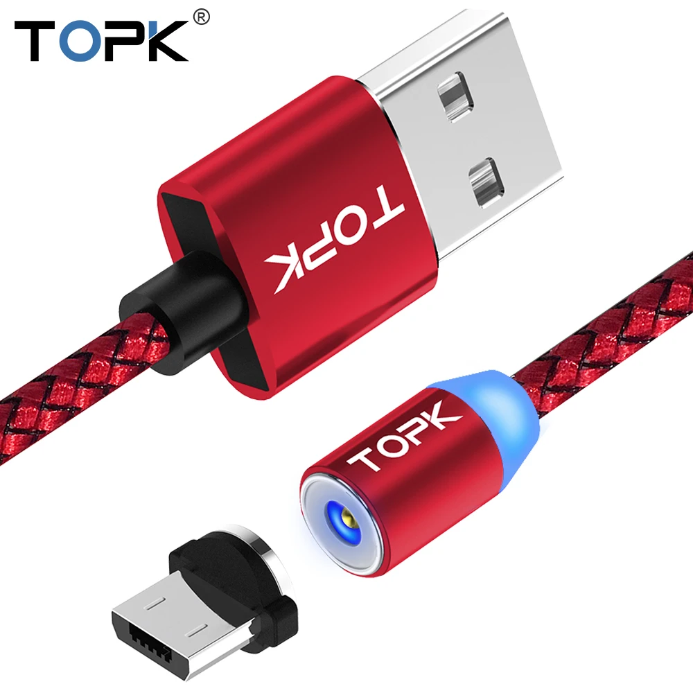 TOPK R-Line светодиодный магнитный кабель Micro USB и usb type-C, Магнитный зарядный кабель для iPhone X 8 7 6 Plus, USB C, кабели для телефонов, красный цвет