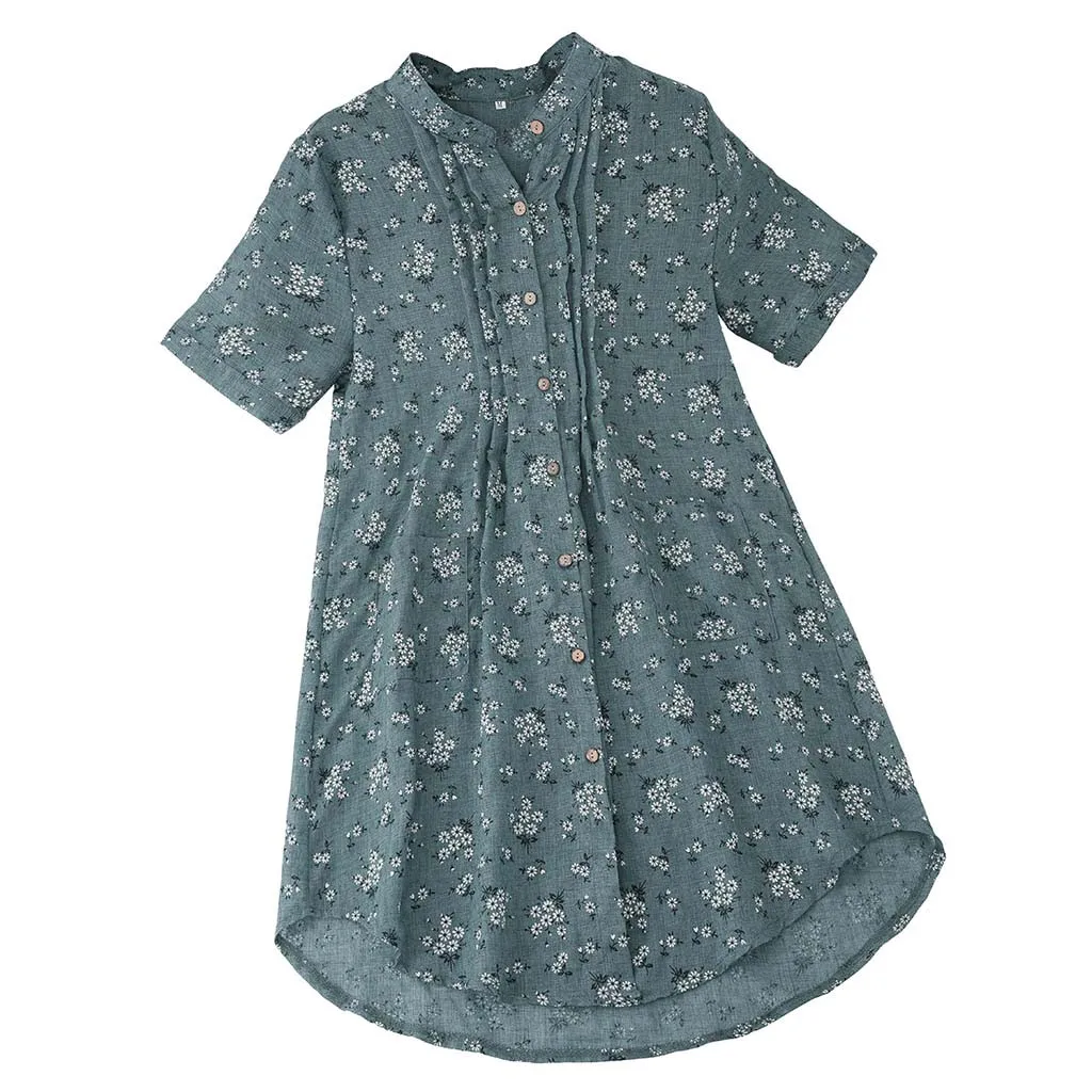 Летняя Модная хлопковая льняная блузка с цветочным принтом размера плюс, свободные топы для женщин, женская рубашка с коротким рукавом, Blusas Femininas, пуловер