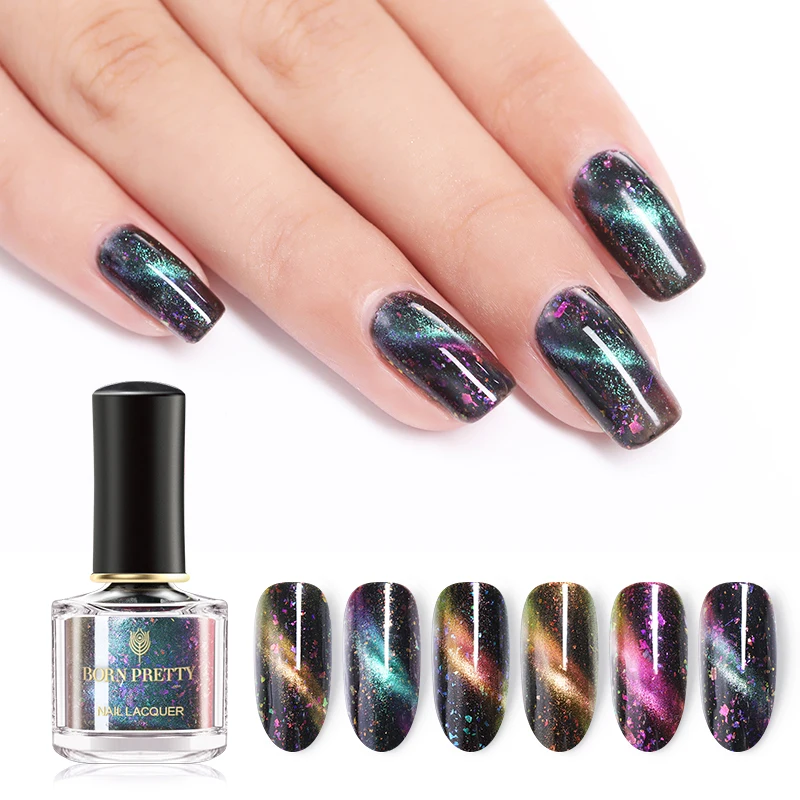 

BORN PRETTY 6ml Chameleon Cat Eye Nail Polish Glitter Sequins Nail Art Varnish Manicure Design Black Base Needed Nail Polish