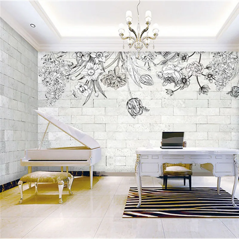

Custom 3D Print Fabric &Textile Wallcoverings For Walls Murals Matt Silk For Living Room Flowers Chinese Brick Black And White