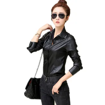 

Spring New Temperament Women Blouses Solid Color Slim Long-sleeve Shirts PU Leather Plus Size Femme OL Black Elegant Tops MZ2355