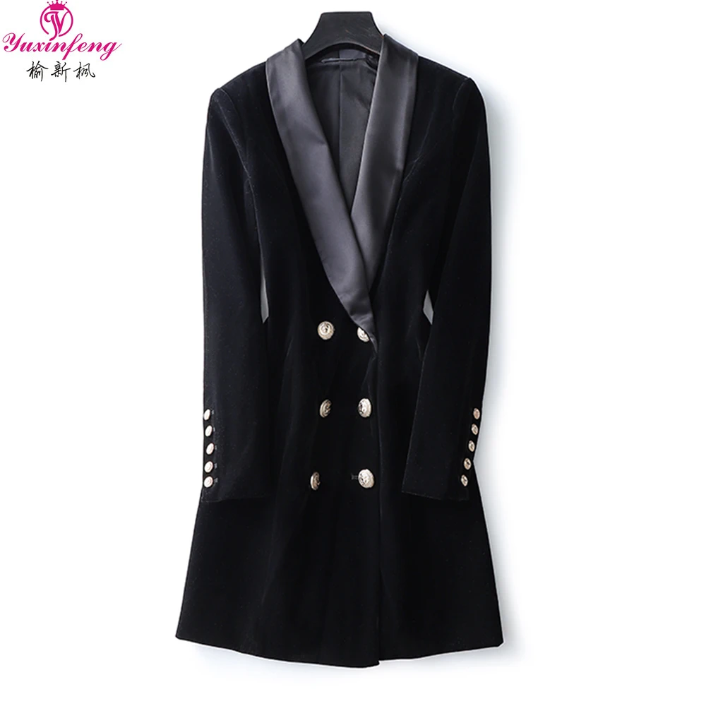 Yuxifeng Fashion Women Long Velvet Blazer Double Breasted Designer