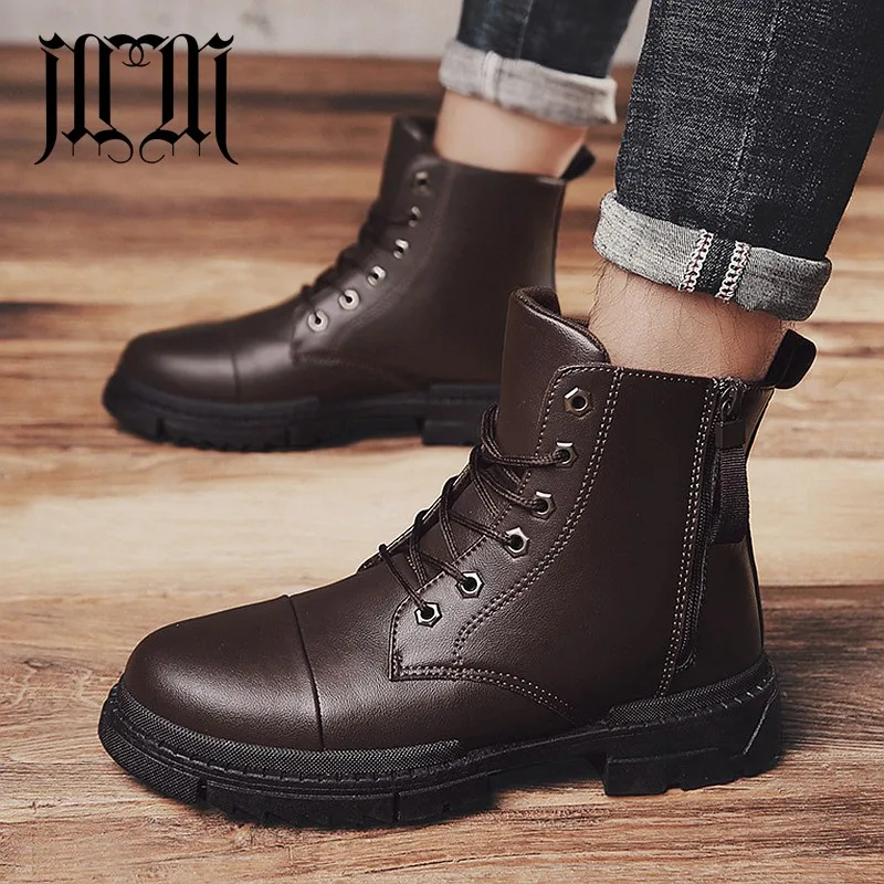 

MUMUELI Black Brown New 2018 Designer Casual Chelsea Snow Men Shoes High Top Quality Fashion Luxury Flat Brand Work Boots L-605