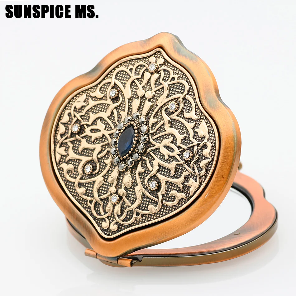 

Ethnic Turkish Women Retro Crystal Flowers Metal Portable Makeup Mirror Vintage Cosmetic Mirror Antique Gold Color Body Jewelry