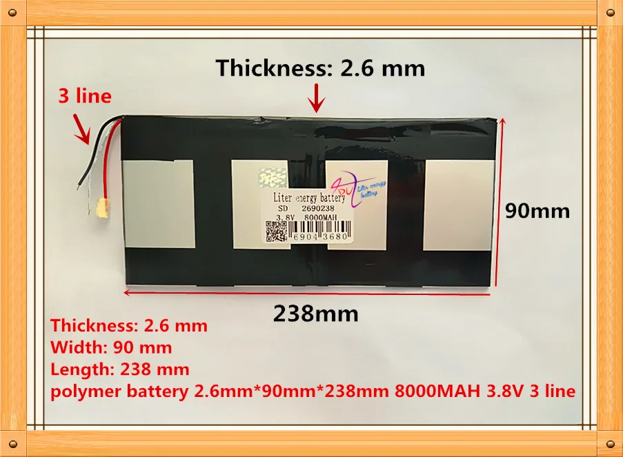 

Free Shipping 3 line Tablet pc 2690238 3.8V 8000mAH (polymer lithium ion battery) Li-ion battery for tablet pc battery