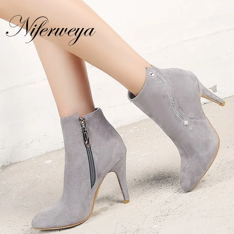 

Sexy Pointed Toe thin heel high heels Spring/Autumn flock women shoes Big size 32-48 pink zipper Ankle boots zapatos mujer