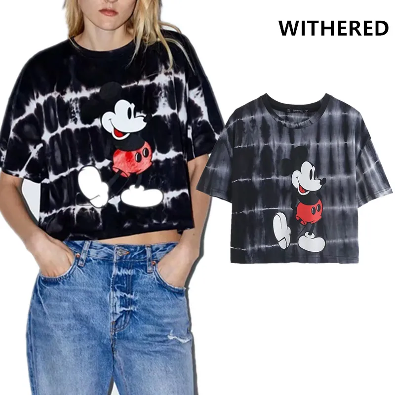 

Withered high street cute Tie-dyed cartoon print short t shirt women harajuku tshirt camisetas verano mujer 2019 plus size