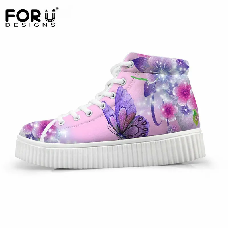 

FORUDESIGNS Stylish 3D Butterfly Printed Women Autumn Flats Fashion Height Increasing Shoes Girls High Top Platform Shoes Female