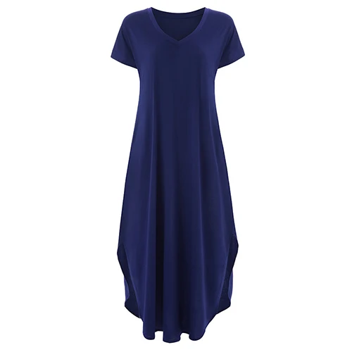 Tataria, женское повседневное Свободное длинное платье с карманами, женские длинные платья с коротким рукавом, женское платье-футболка, однотонное винтажное платье с v-образным вырезом - Цвет: Blue