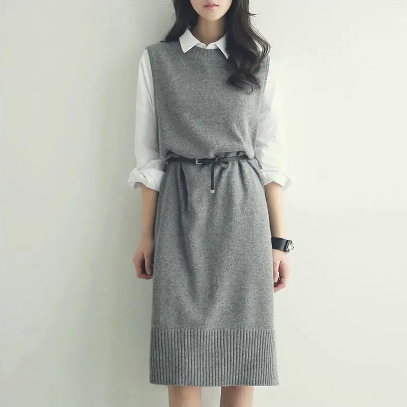 

New Autumn And Winter Thickening 100% Cashmere Sweater Women's Vest Long Section Round Neck Pullover Sleeveless Knee Loose Wool