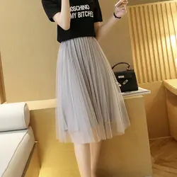 Для женщин длинные плиссированные тюль юбки-пачки 2017 Для женщин женские сетка корейской версии облегающая бюст юбка серый/черный 35