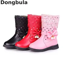 Botas altas de invierno para niña, zapatos de vestir a la moda con piel, botas de nieve para niños, botas cálidas con perlas de encaje y pajarita para chicas