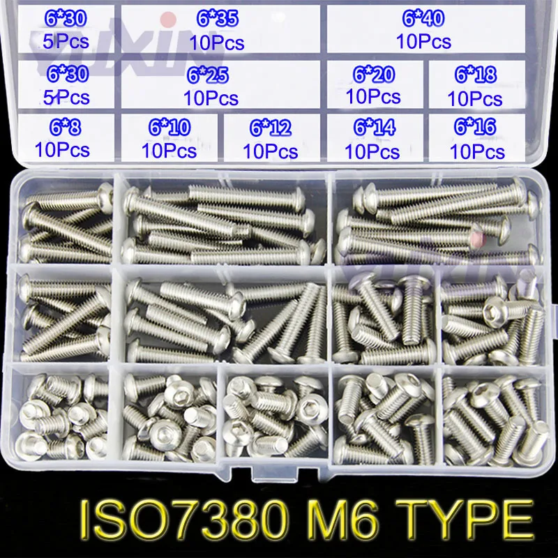 260 шт. M3 M4 M5 M6 A2-70 из нержавеющей стали 304 ISO7380 болты с шестигранной головкой Винты с шестигранной головкой ассортимент