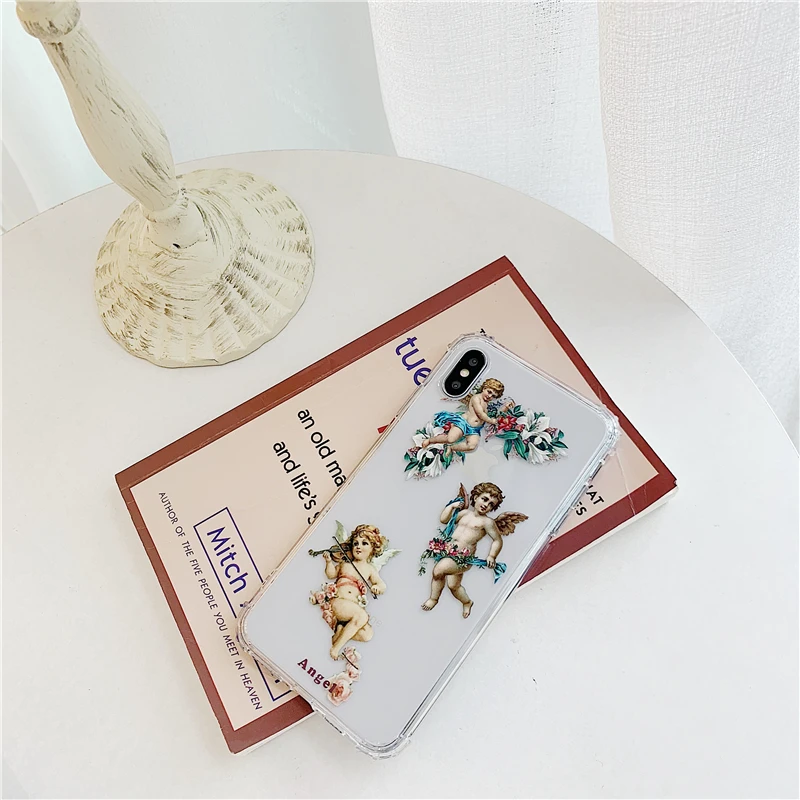 Roman mythology Angel Cupid Art Paint Case for iPhone X Xs Max XR 6 6s 7 8 plus cute flower Clear soft silicon Phone Cover Coque