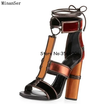 

Patchwork High Quality Lady Chunky Heels Sandals Shoes Lace Up Woman High Heels Party Dress Open Toe Shoes Pumps Rome Style