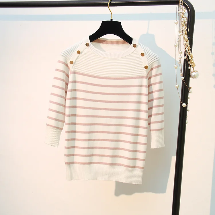 Quality Women Pullover Sweater Spring Autumn Half Sleeve Pullovers Button Decoration Striped Knitted Sweaters Female Tops D313 Quality Women Pullover Sweater Spring Autumn Half Sleeve Pullovers Button Decoration Striped Knitted Sweaters Female Tops D313