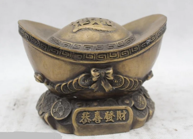 

003669 4"Chinese Folk Pure Bronze Lucky excellent Money drawin Yuan Bao Statue