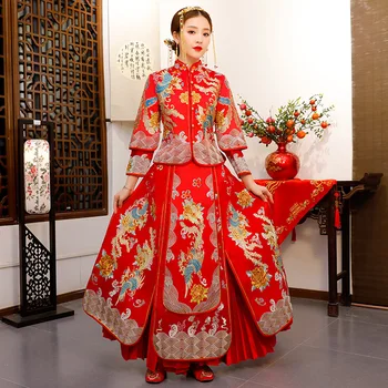 

Oriental Chinese Women Embroidery Qipao Exquisite Phoenix Pleated Cheongsam Coat+Skirt 2PCS Set Bride Wedding Dress Vestidos