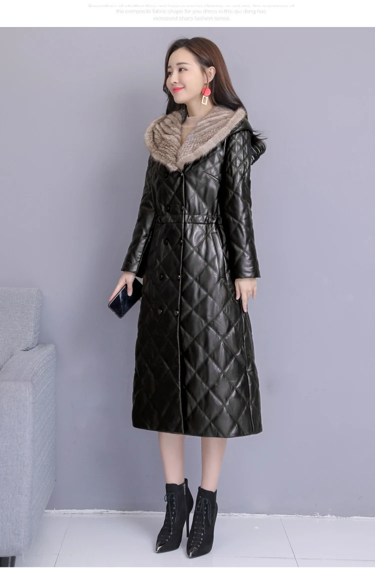 HANZANGL кожаная женская куртка зима плед норковый меховой воротник с капюшоном размера плюс длинное пальто из овечьей кожи M~ 5XL