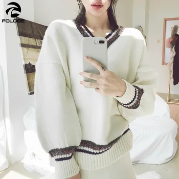 

FOLOBE autumn winter women basic striped V neck loose sweater long sleeve stretchy candy colors pullovers female sweet tops