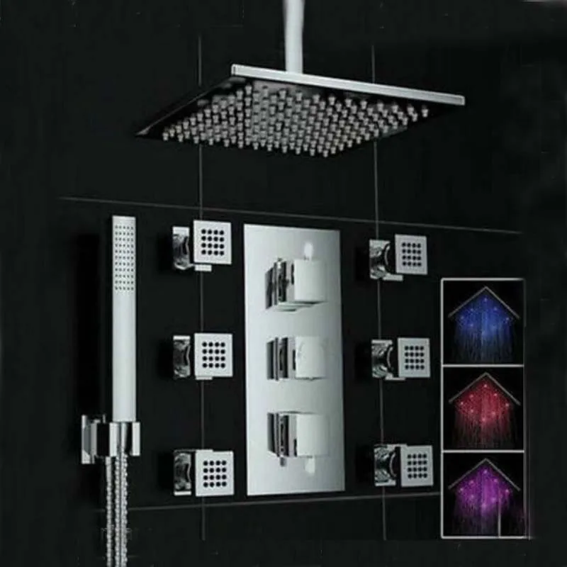 

Wholesale And Retail LED Color Changing Ceiling Mounted Shower Faucet Set Thermostatic 3 Ways Valve W/ Hand Shower