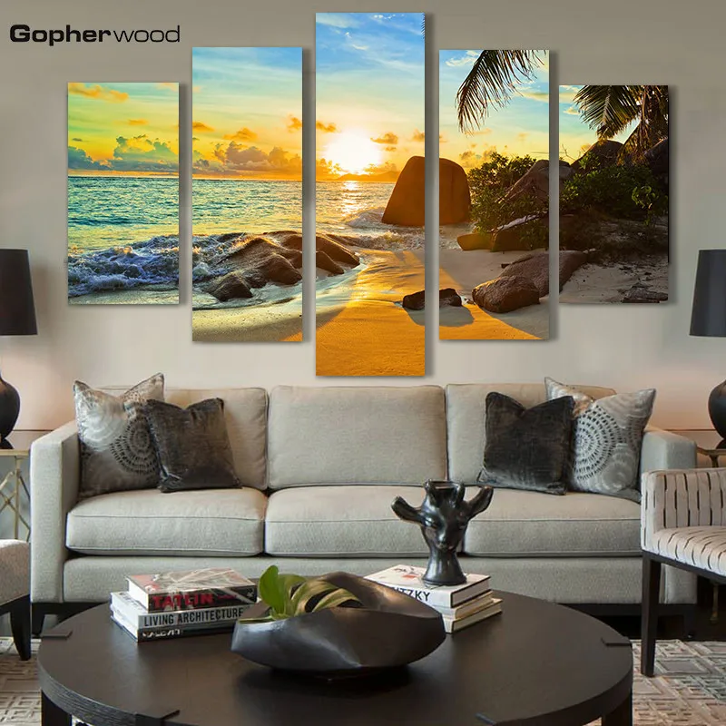 

Modern Home Wall Art Decor Frame Modular Canvas Oil Pictures HD Print Painting 5 Panel Ocean Sunset Beach Seascape Poster deco