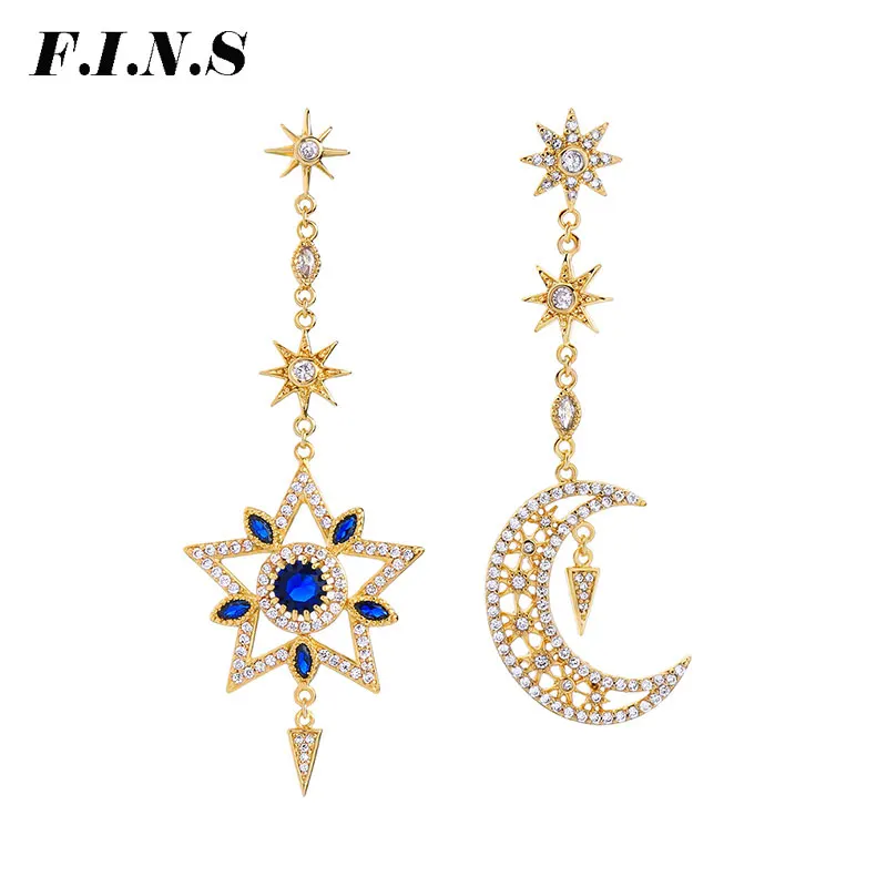 

F.I.N.S Asymmetry Women's Korean Unusual Earrings 2018 Golden Star Moon Drop CZ Earring Luxury Dangle Earings Fashion Jewelry