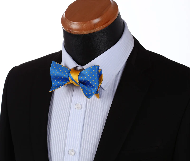  BE03Y Yellow Blue Stripe 100%Silk Double Sided Woven Men Butterfly Self Bow Tie BowTie Pocket Squar