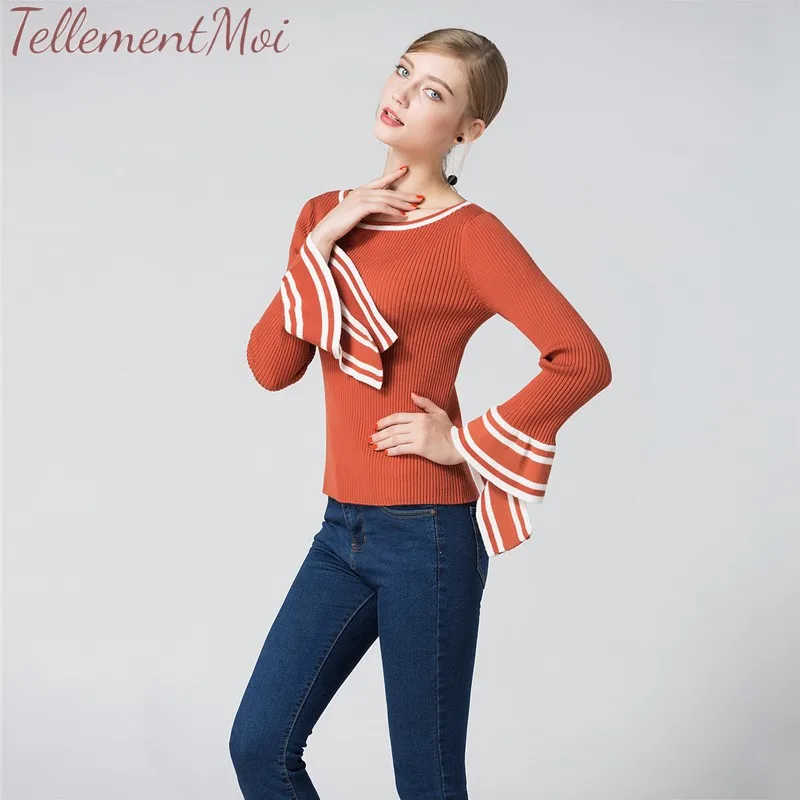 Women's Boat Collar Slim Knitted Sweater Ruffled Long Sleeve Striped Wool Pullover Bottoming Shirts Elegant Wild Sweaters Tops