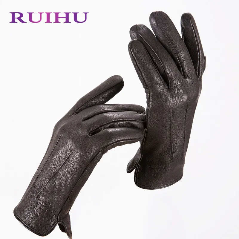 RUIHU Для мужчин Зимние перчатки из натуральной овечьей кожи теплые меховые