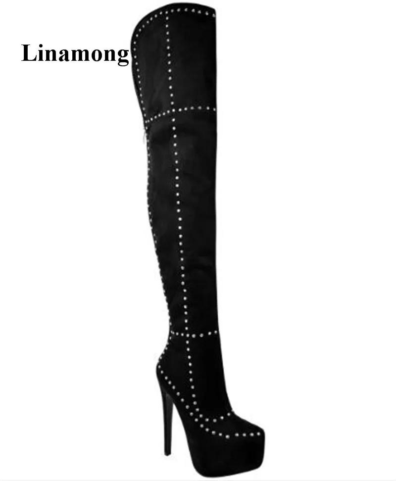 Хит продаж Модные женские ботинки с заклепками Дизайн высокий тонкий каблук Водонепроницаемый ботинки на платформе Демисезонный длинные