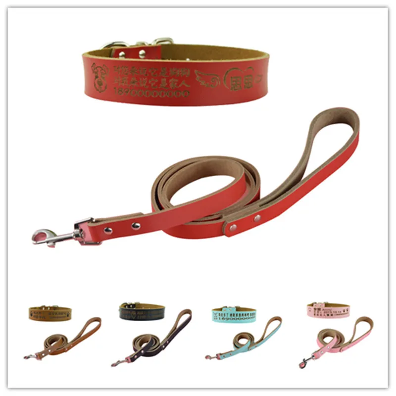 

5 Colors 7 Sizes Pet Personalized Collar Cowhide Leather Medium and Large Dog Collar and Leash Lead Set Can Write Any Language