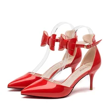 Women’s Thin High Heel Pointed Toe Patent Leather Ankle Strap Bowtie Elegant Wedding Shoes Bride Heels Designer Red Bottom Heels