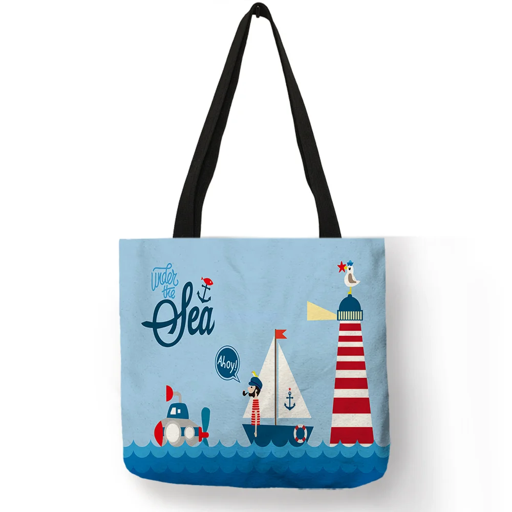 

Cartoon Ocean Voyage Design Handbag Sail Boat Wave Printed Tote Bag Light Blue Color Lightweight Linen Student Book Shoulder Bag