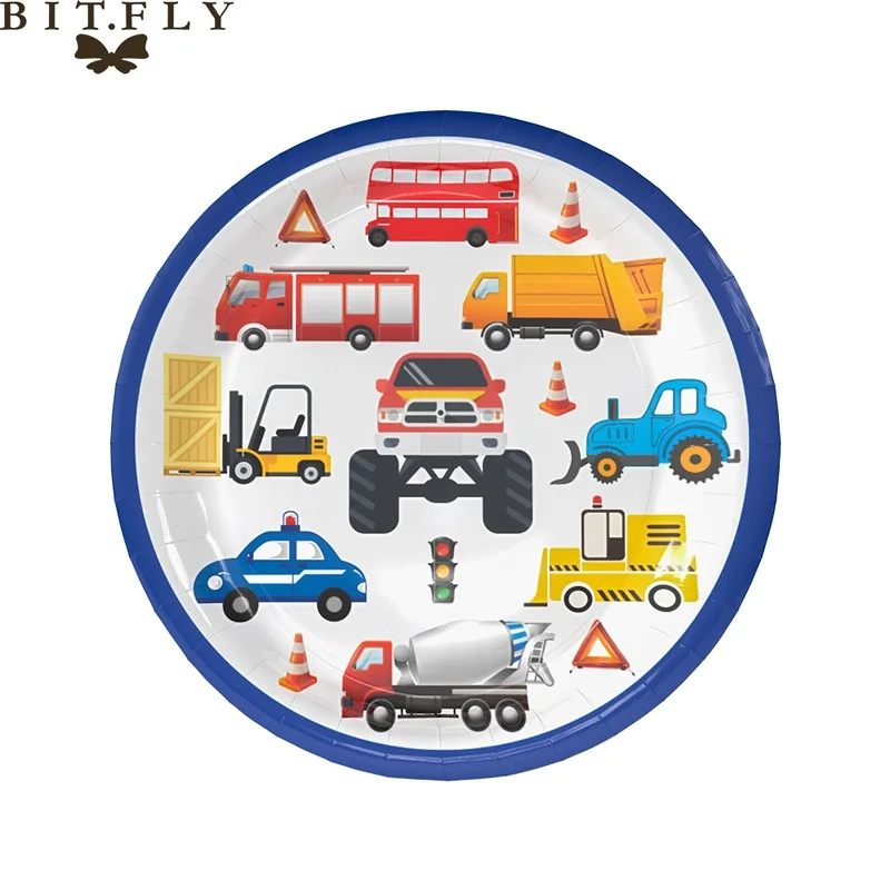 Construction Engineering Vehicle Cars Disposable Tableware Set Paper Plates Cup Banner Tablecloth For Kids Birthday Theme Party - Цвет: 6pcs 7inch