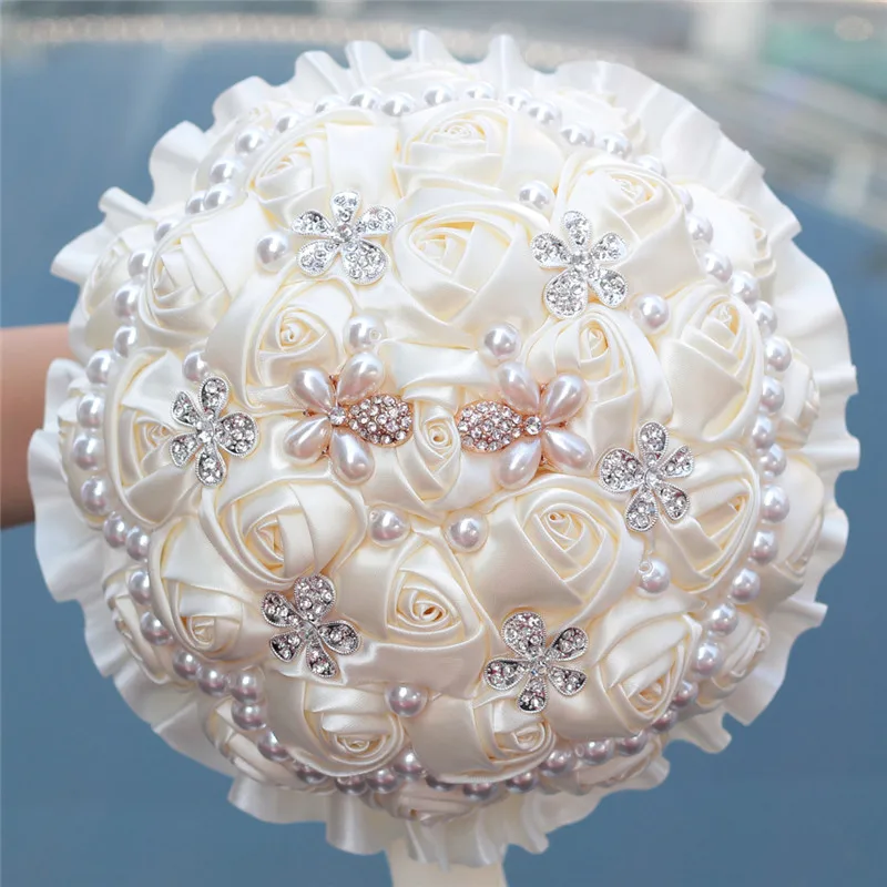 

New Various High Quailty Bouquet Ribbon Pearl Simulation Rose Decoration Bride Wedding Bouquet Artificial Flower W225