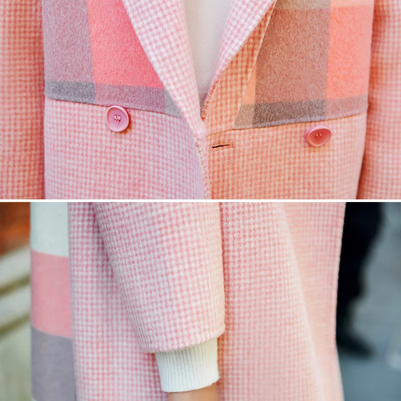 Новое длинное розовое шерстяное пальто женское зимнее клетчатое Смешанное женское шерстяная Женская куртка модное осеннее пальто леди