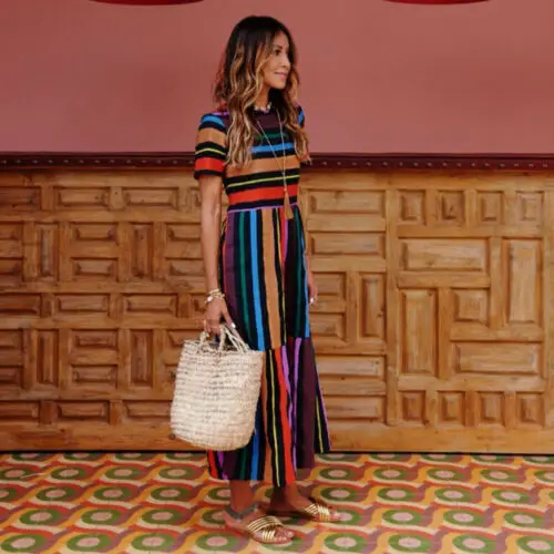 Fashion Women?s  Rainbow Striped Print Maxi Dress Cocktail Party Short Sleeve Holiday Sundress