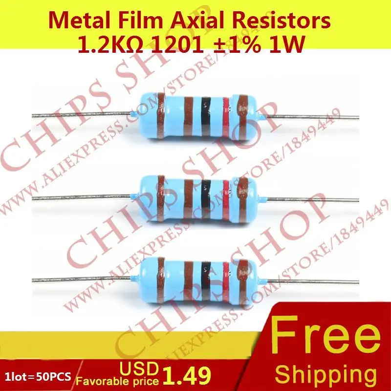 1LOT=50PCS Metal Film Axial Resistors 1.2Kohm 1201 1 1W 1200ohm