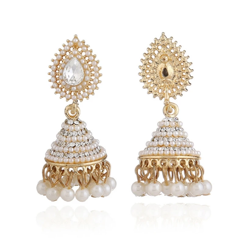 Модные индийские серьги-подвески Jhumka Jhumki с искусственным жемчугом, женские длинные золотые свадебные вечерние ювелирные изделия, подарки