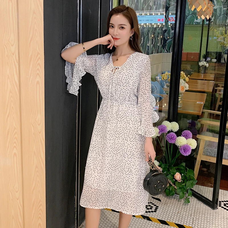 

BGTEEVER Vintage Lace Up Dot Printed Women A-line Dress Elegant Flare Sleeve Ruffles Elastic Waist Female Chiffon Dress Summer