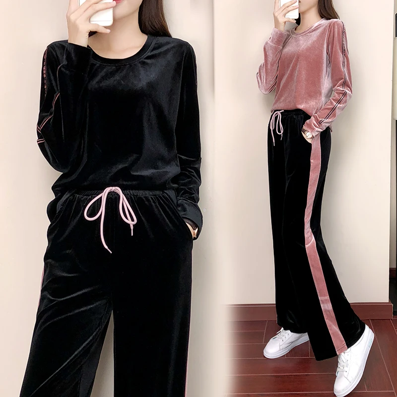 

2019 Fashion Spring and Autumn 2 Piece Sets Women Sporting Suit Casual Loose Female Tracksuit Gold Velvet Wide Leg Pants Sets