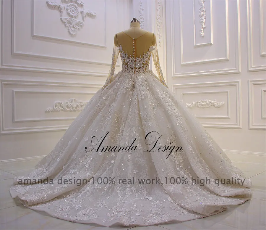 Аманда дизайн robe de mariee с длинными рукавами кружевные аппликационные цветы роскошное Королевское свадебное платье