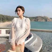 Цельный женский купальник бикини, женский купальник, закрытый светильник, роскошная супер фея, белый, длинный рукав, кружево, для женщин, Одноцветный, спандекс