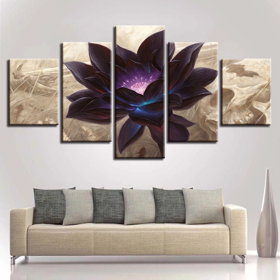 Модульная холст HD печать плакатов Wall Art 5 шт. черный лотоса фотографий Гостиная Home