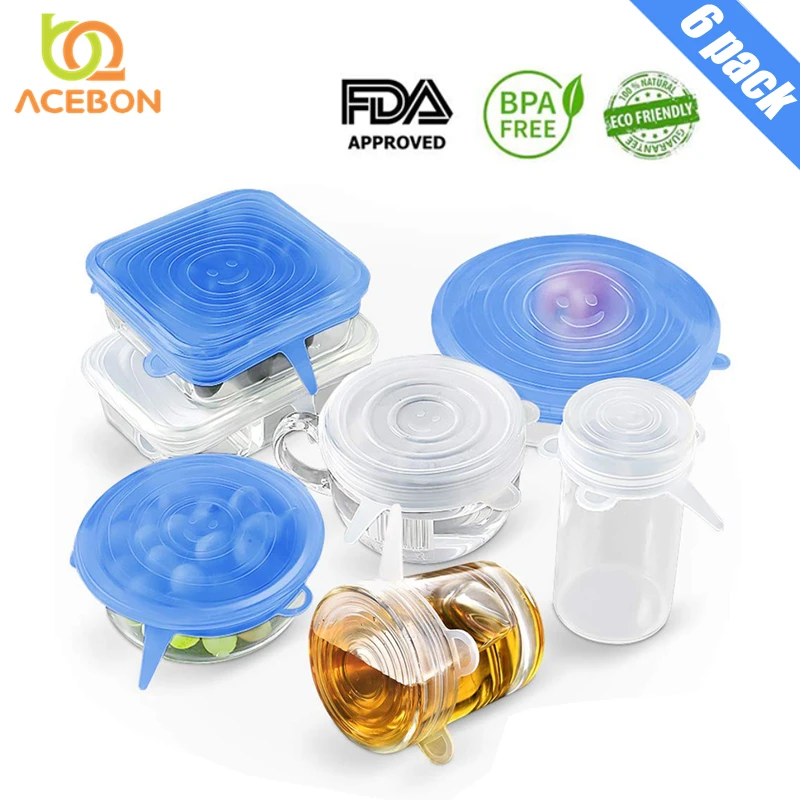 

6pcs set Silicone Stretch Lids Set Reusable Fruit Microwave Refrigerator Bowl Seal Various Sizes and Shape Cover for Bowl ACEBON