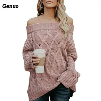 

Women Loose Sweater Casual Long Sleeve Knitted Sweater Femme Genuo Autumn Winter Thick Line Off Shoulder Sexy Pullovers Top