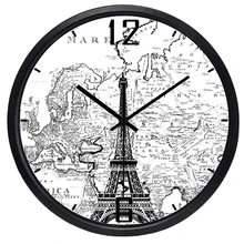 Vintage nostálgico europeo Digital pared arte del reloj redondo creativo diseño París Torre Eiffel Reloj de pared silencioso